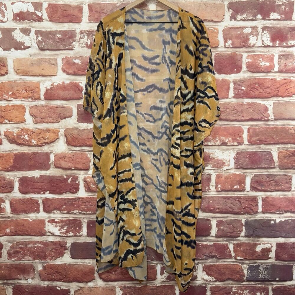 Kimono Abstract Blouse Topper Women's OS Tan Multicolor Sheer Shrug Top